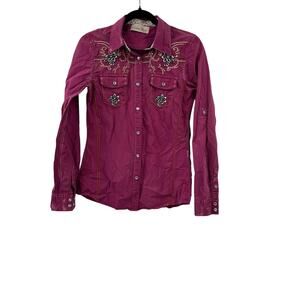 Cedar rose pink distressed snap button down shirt